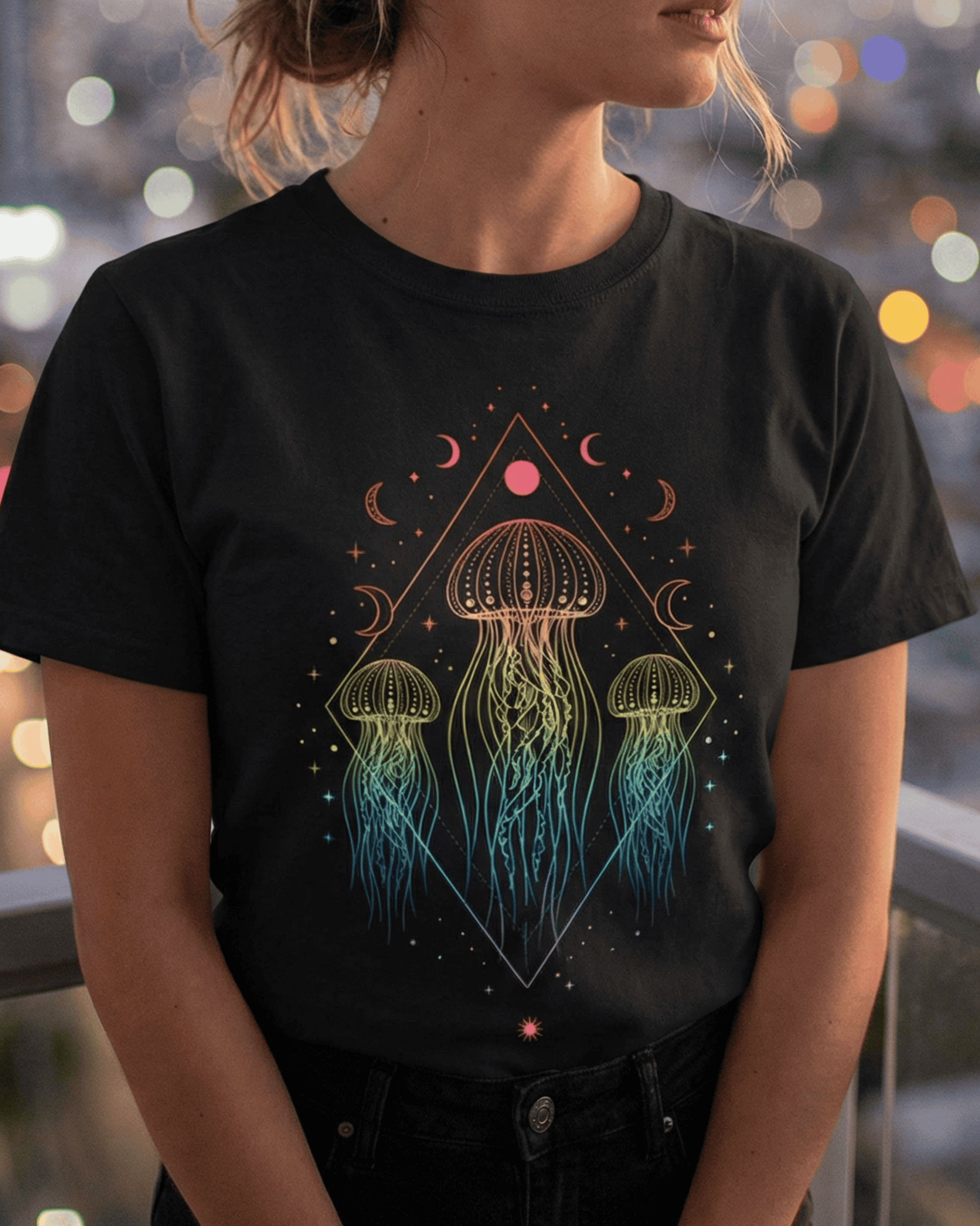 A person wearing the black Celestial Boho Ocean Lover shirt, with the vibrant design of three rainbow-colored jellyfish glowing against a bokeh city lights background. This sea animals top is perfect for a festival or a night out.