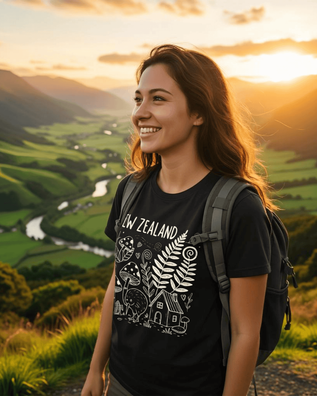 A happy nature lover standing in a lush Aotearoa forest, wearing the black New Zealand T-shirt. The shirt's Kiwi bird doodle and fern graphic perfectly complement the beautiful surroundings, making it an authentic souvenir.
