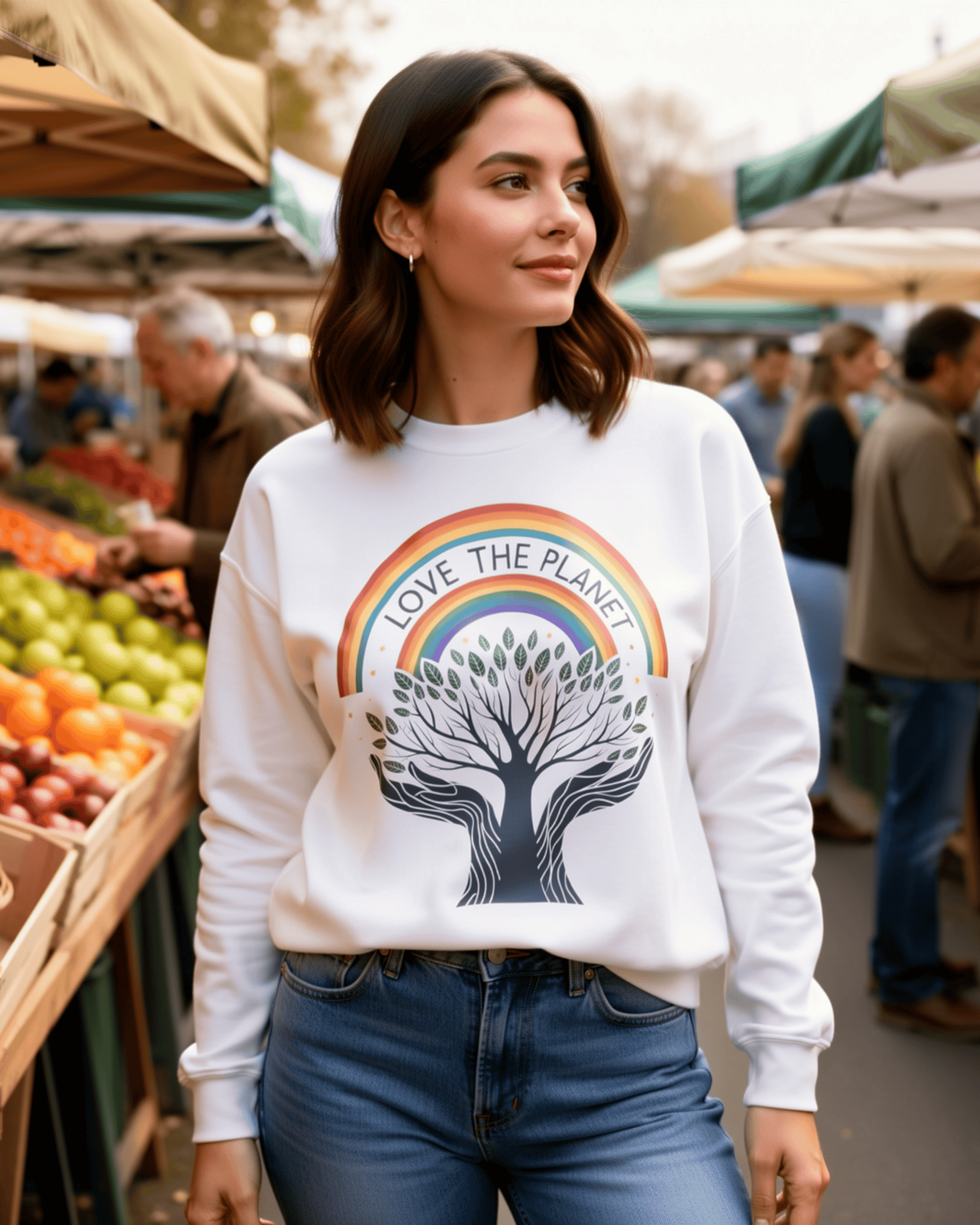 A woman enjoys a day at a local farmer's market while wearing the white Love The Planet Sweatshirt. The comfortable crewneck pullover, paired with jeans, showcases the colorful Rainbow Tree of Life graphic in a casual, eco-friendly lifestyle setting.