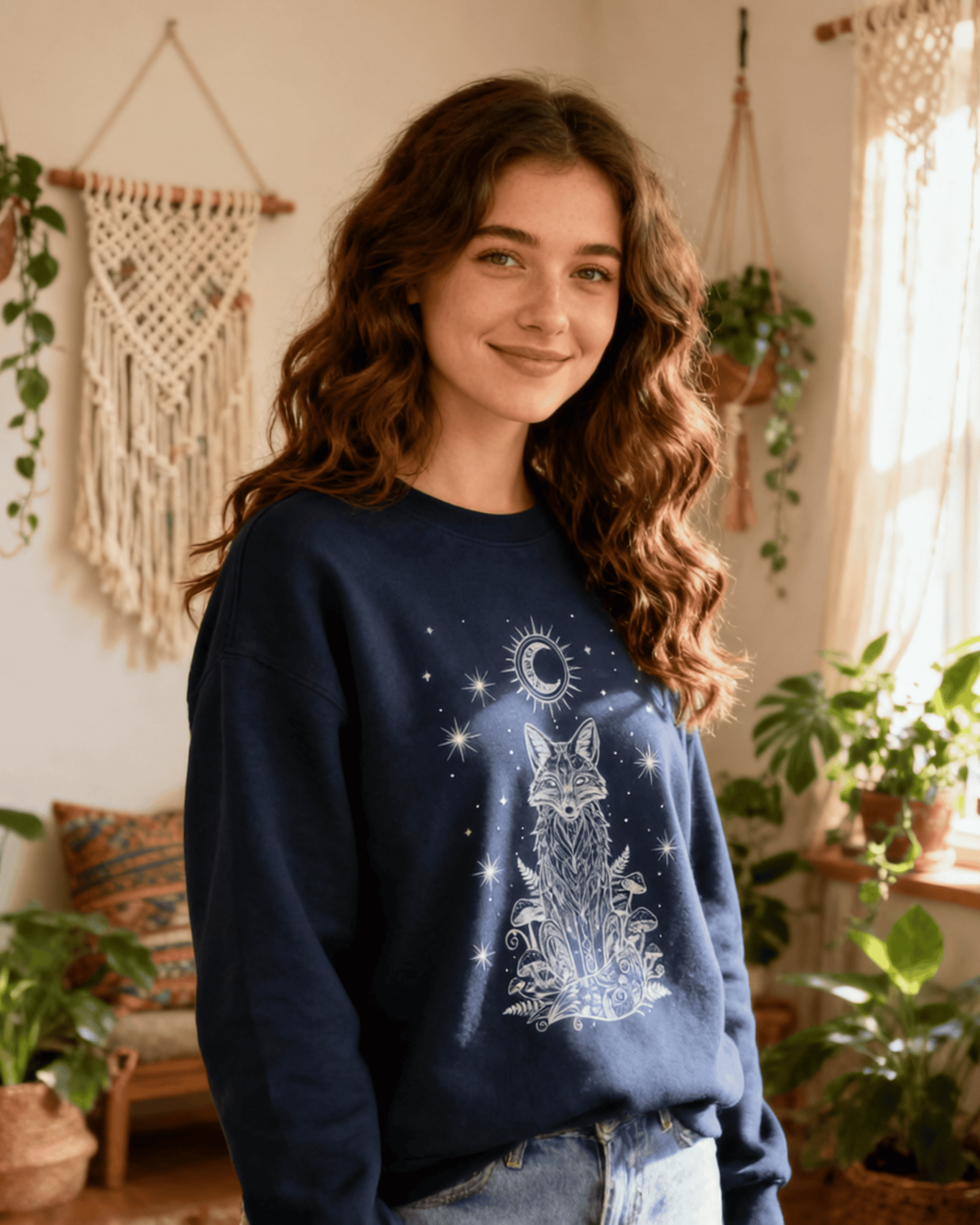 A smiling woman with wavy brown hair models the navy Fox Celestial Moon Sweatshirt in a bright, bohemian room filled with plants. The sunlight highlights the mystical crewneck pullover's detailed celestial fox design, showcasing its comfortable and flattering fit as part of a witchy aesthetic outfit.