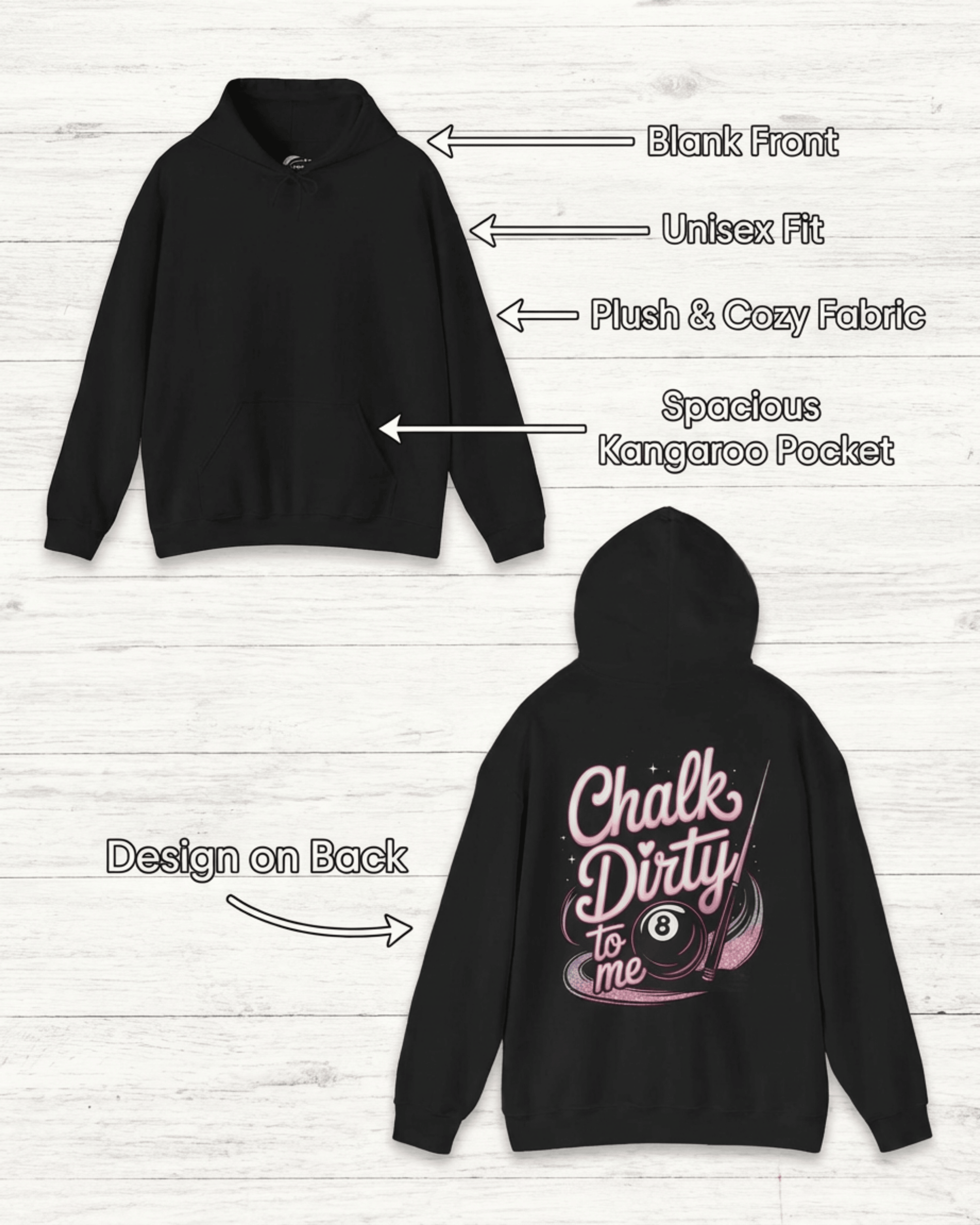 An image detailing the features of the Women's Billiards Pool Player Hoodie. The top shows the blank front, noting its unisex fit, plush fabric, and kangaroo pocket. The bottom shows the back with the "Chalk Dirty to me" design.